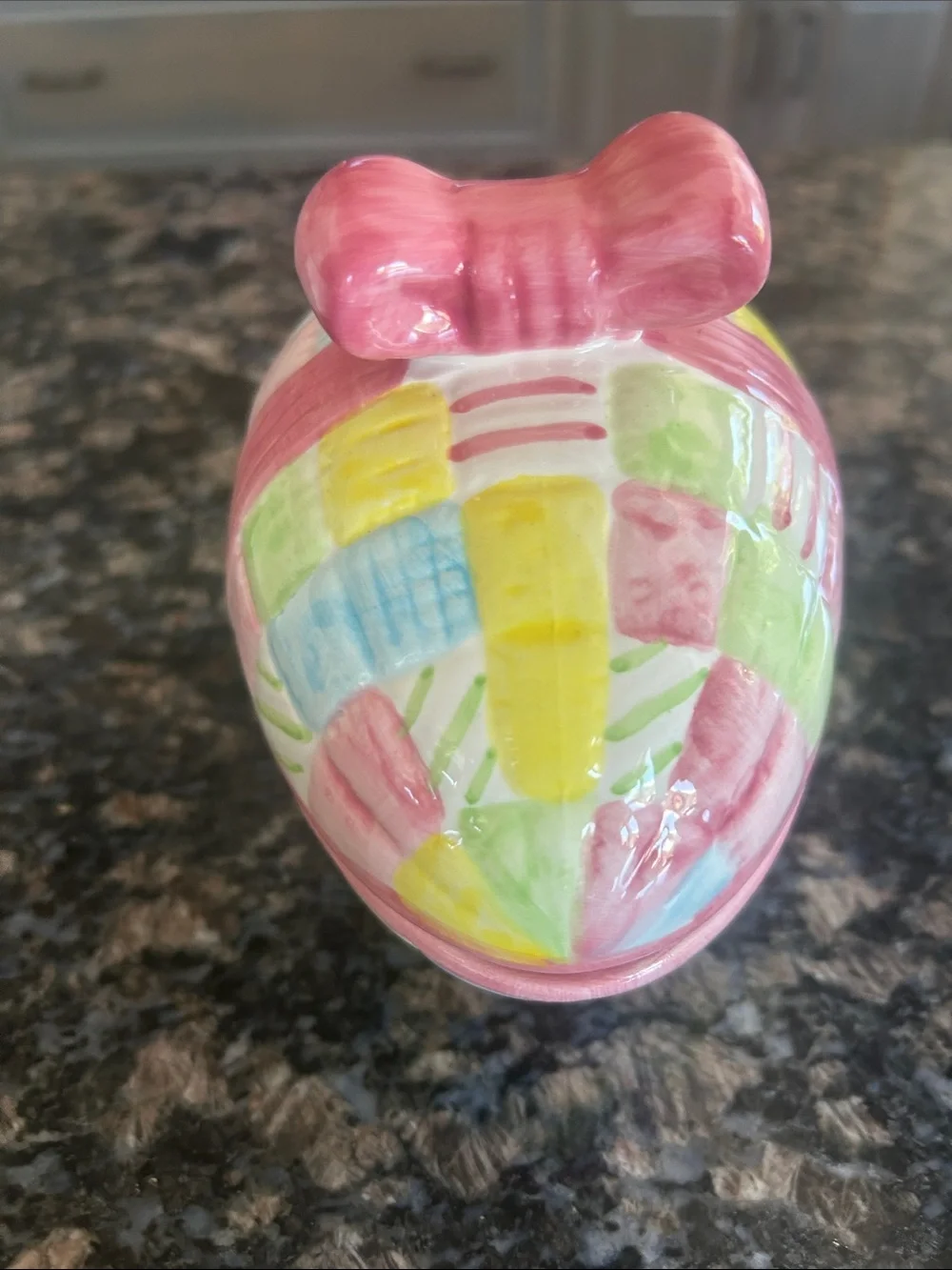 EASTER EGG  QUILT PATCHWORK BOW BOX CERAMIC NWT